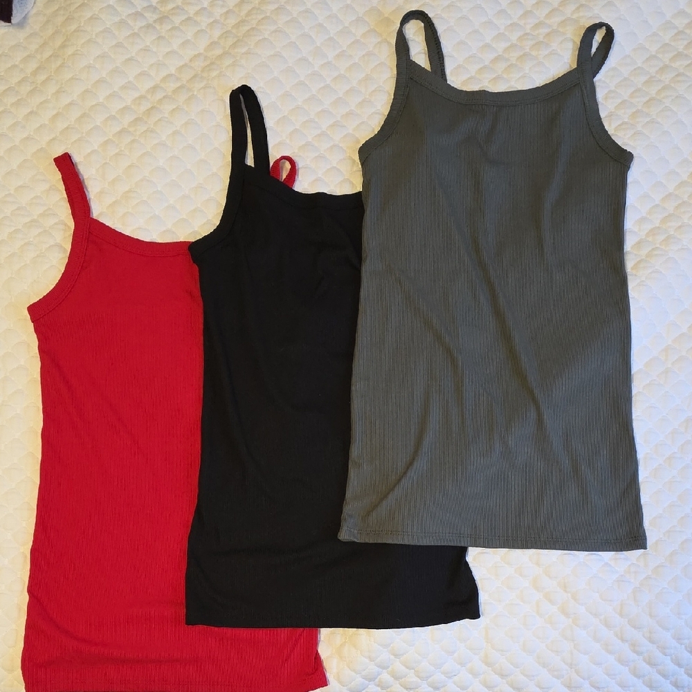 Set of Three Ribbed Tank Tops - Red, Black, Green